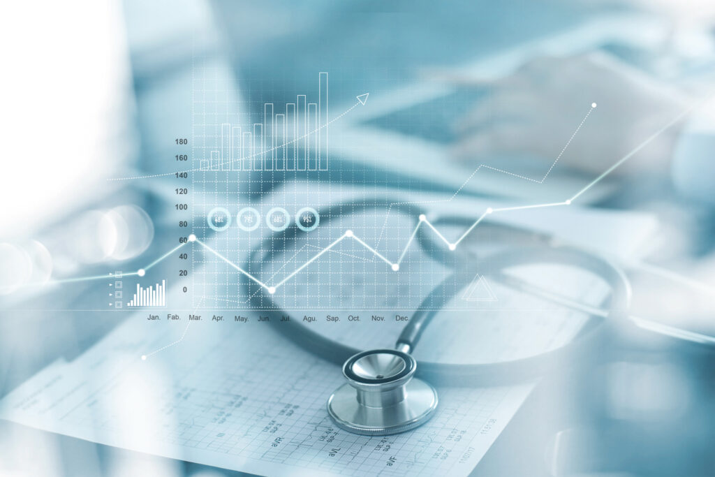 healthcare business graph and medical examination and businessman analyzing data and growth chart on blurred background