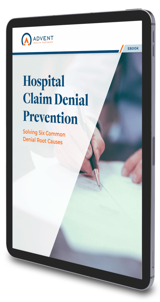 Hospital claim denial prevention eBook cover shown on Tablet